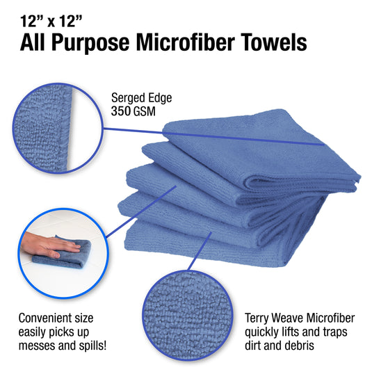 All-Purpose Terry Weave Microfiber, Serged Edge, 350 gsm, 12"x12", Light Blue, 50-Pack
