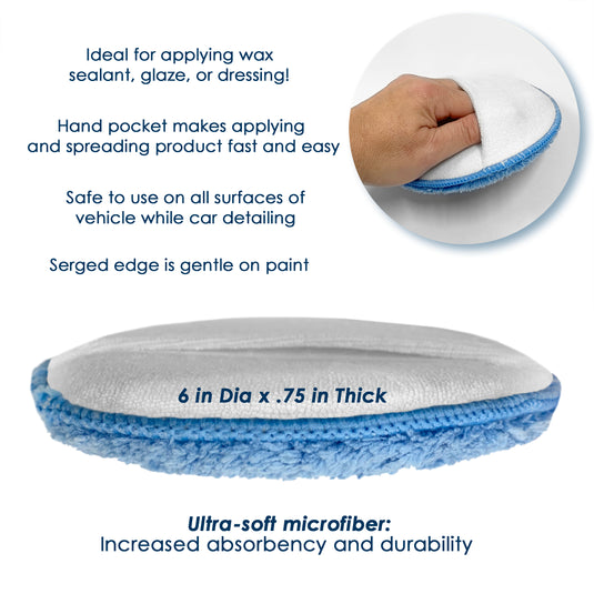 Wax Applicator w/Sewn-In Pocket, Microfiber Terry Weave, 5.5", Light Blue/White 25 Pack